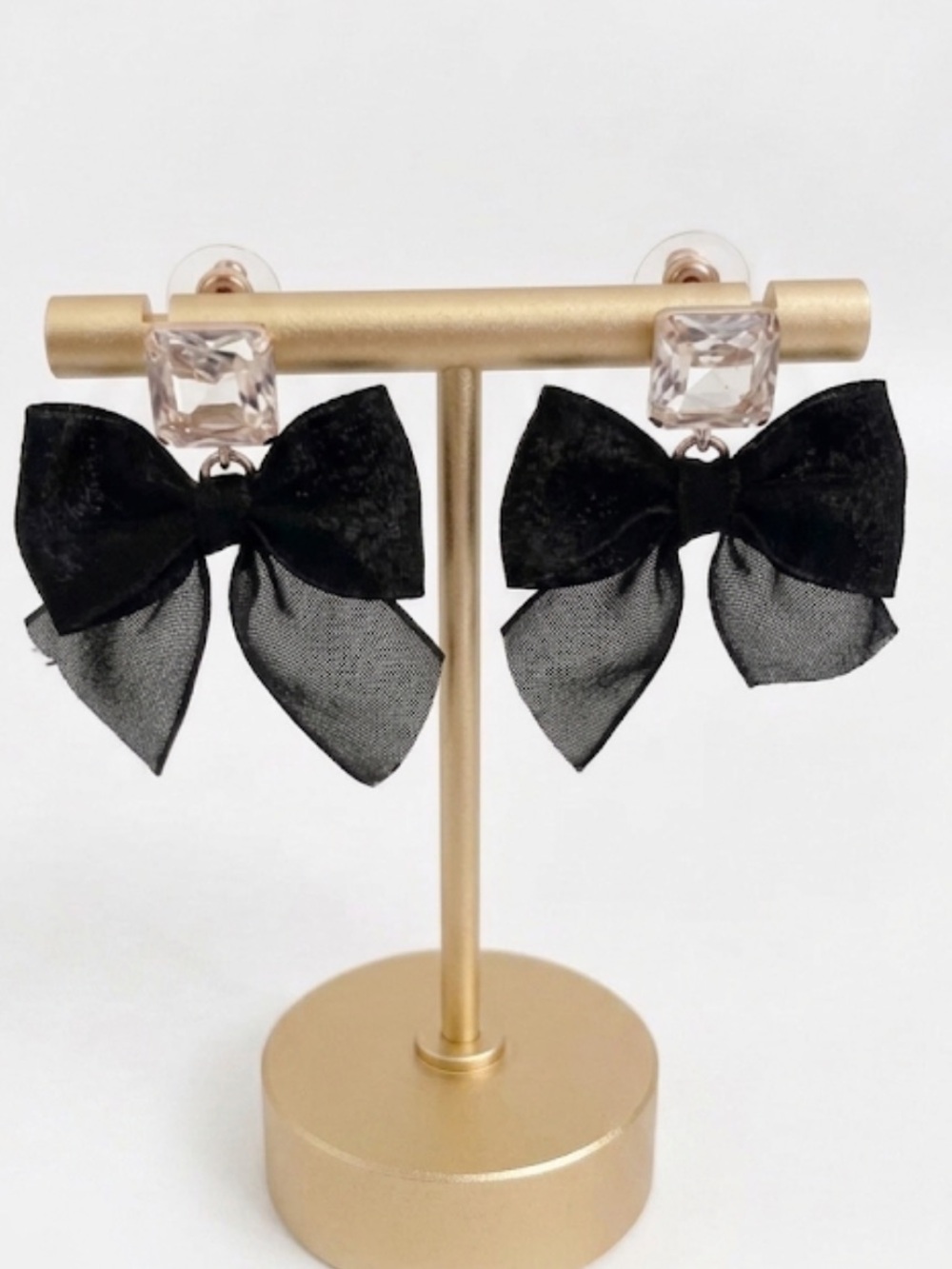 Black Bow Drop Earrings Crystal Stud Coquette NWT